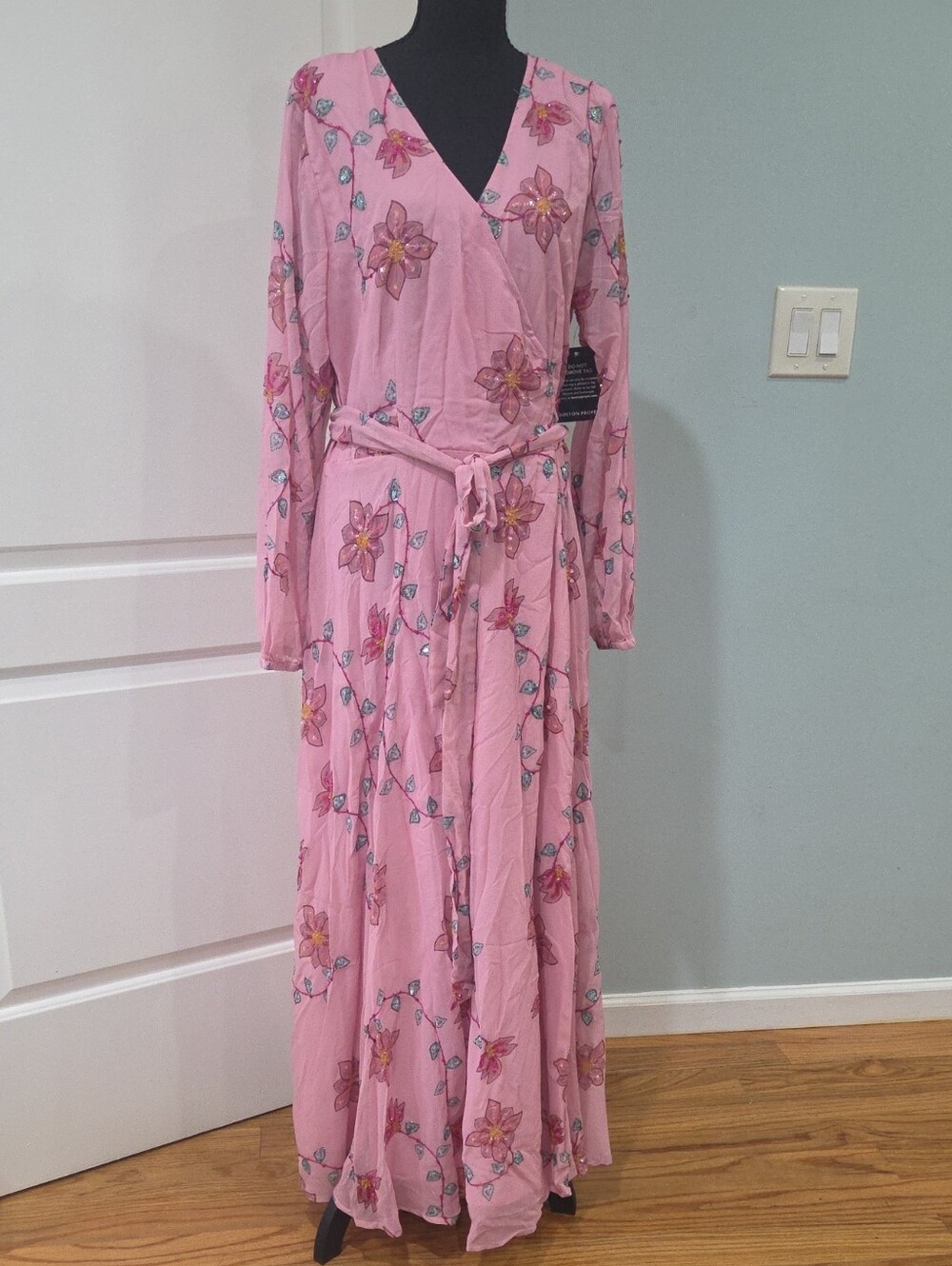 Boston Proper Pink Floral Wrap Maxi Dress
